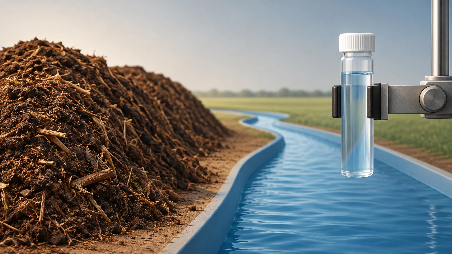 Conceptual composting and water-sampling equipment illustrating environmental permit oversight.