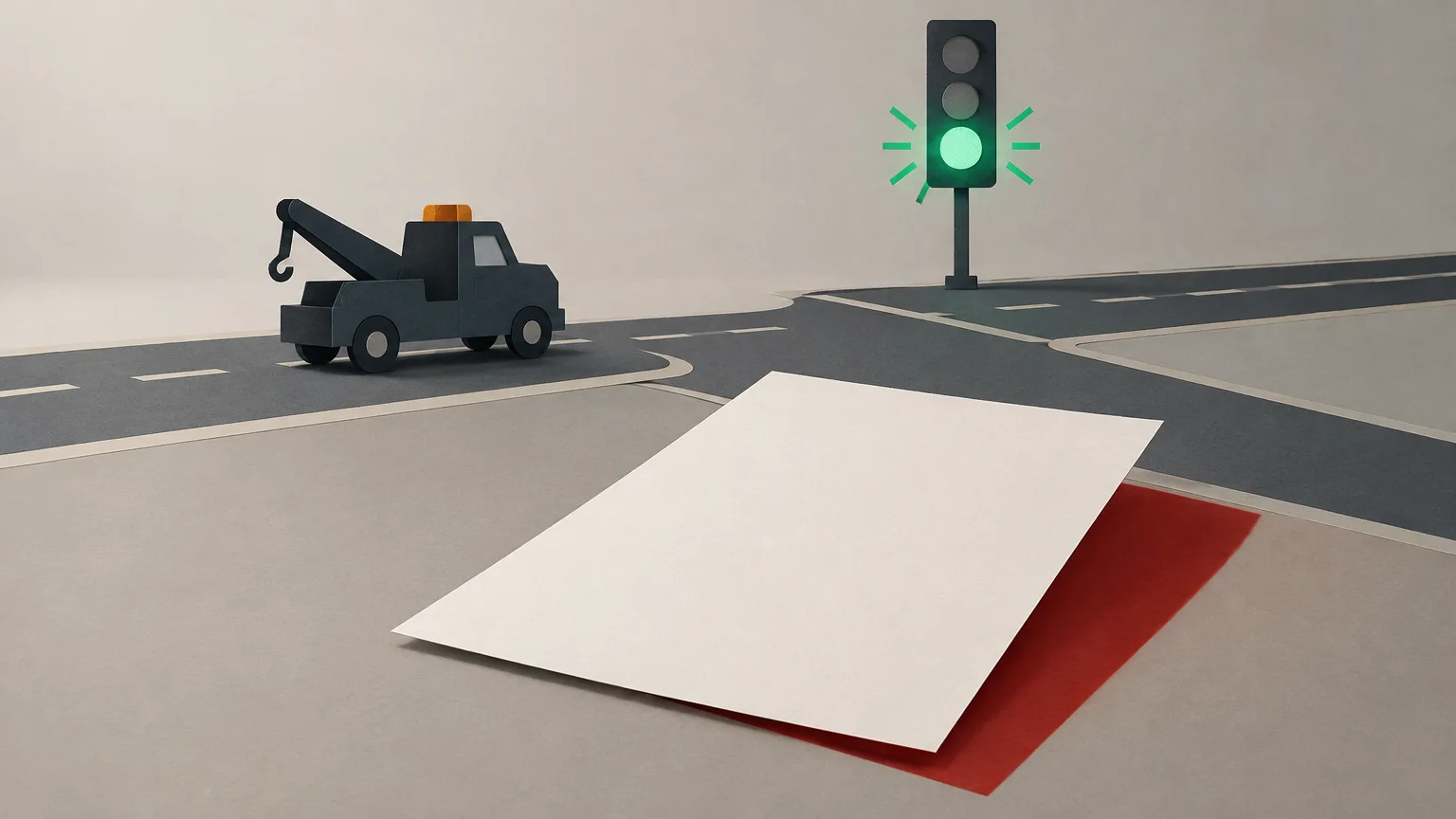 Conceptual illustration of a tow truck at a green light beside a blank report casting a red shadow.