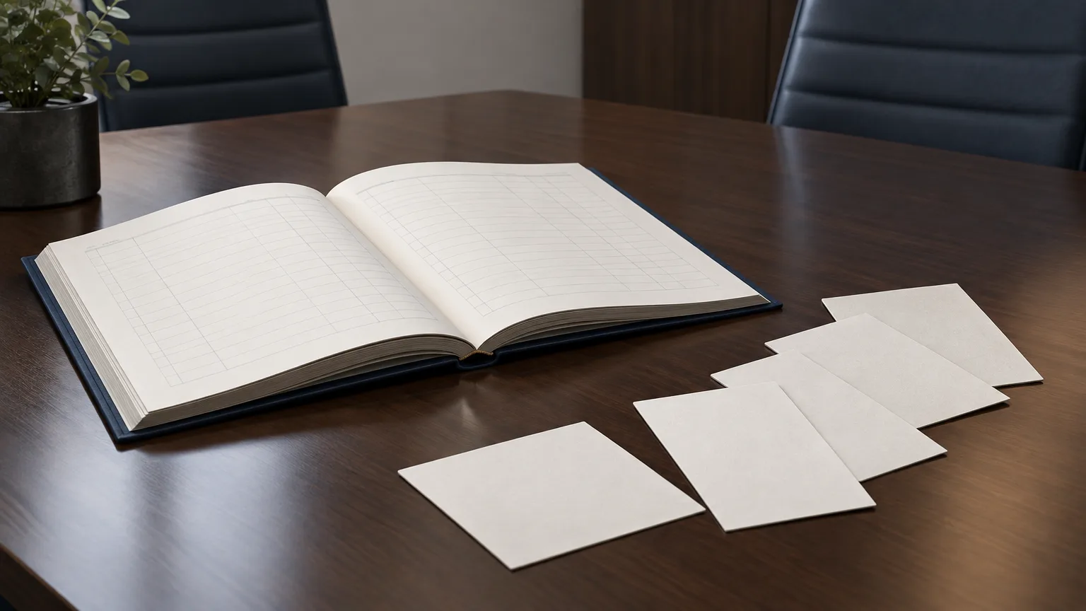 Conceptual illustration of a generic boardroom table with unmarked voting cards and a blank financial ledger.