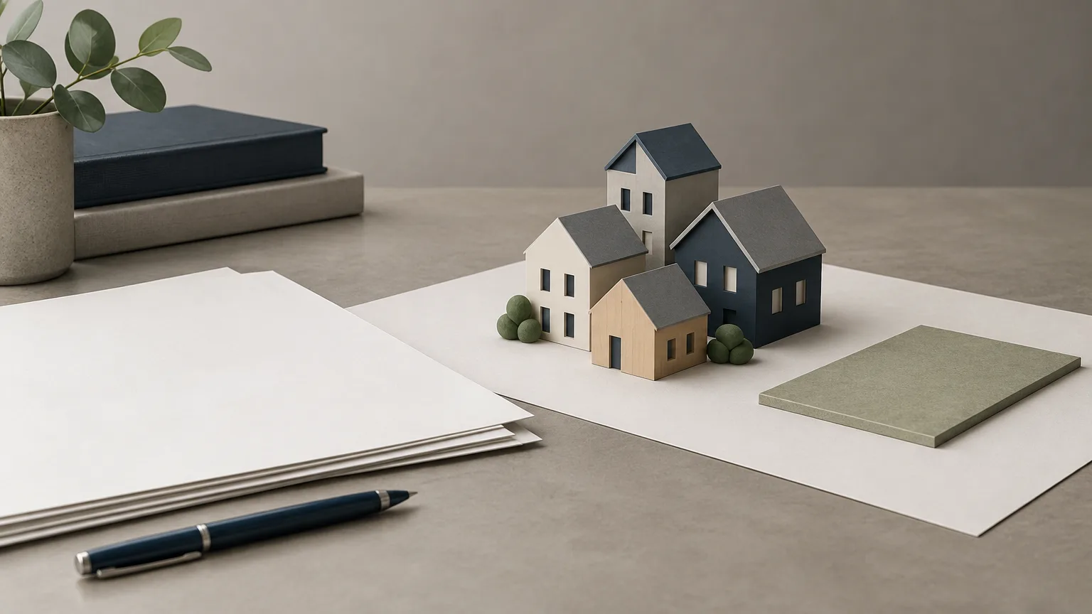 Blank planning papers beside a generic housing silhouette.