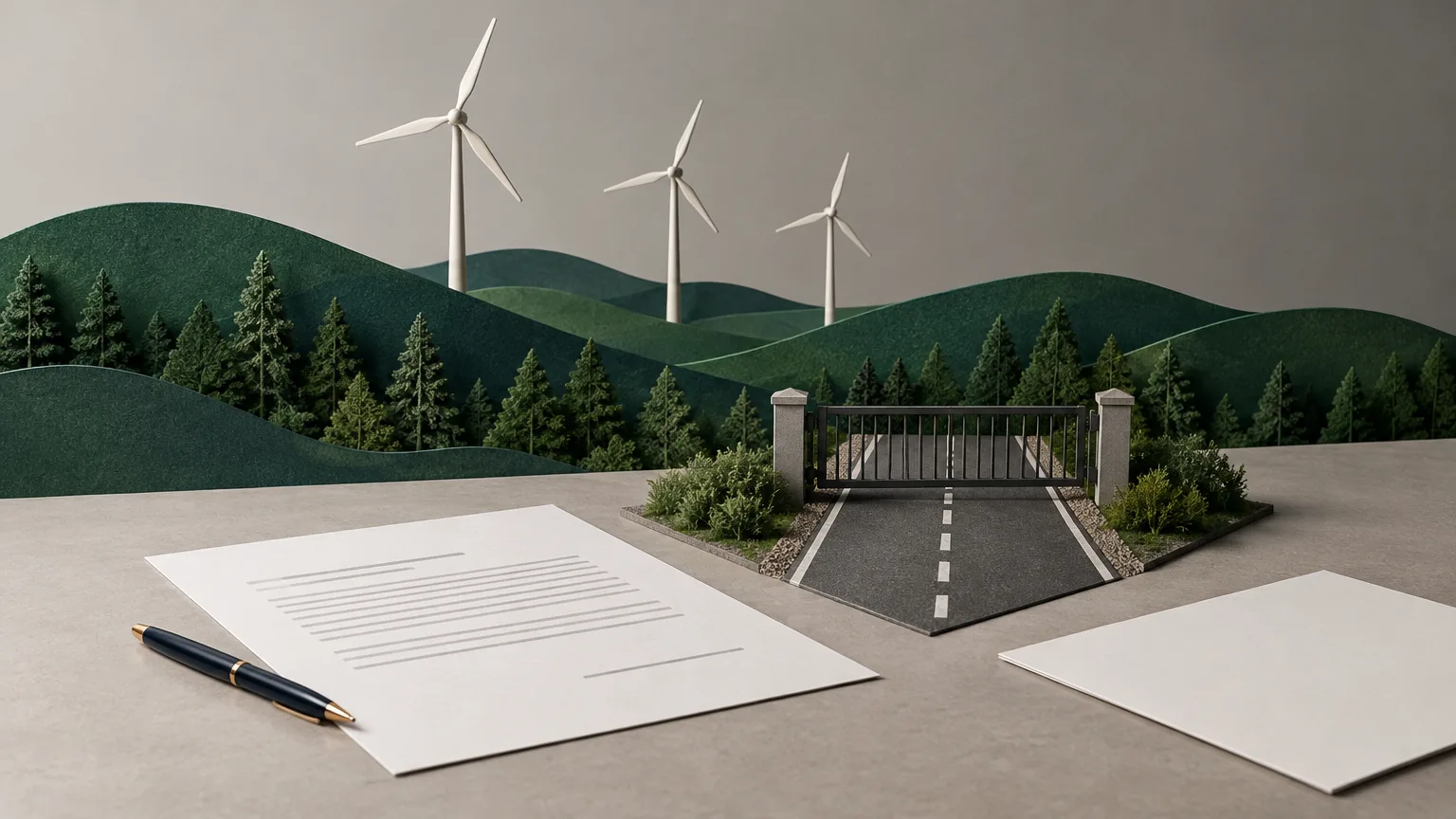 Conceptual illustration of wind turbines above forested hills.