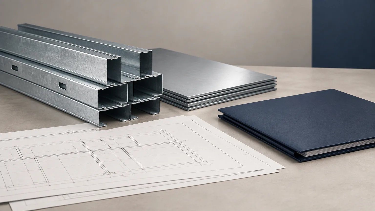 Conceptual illustration of metal framing materials beside construction plans and a document folder.