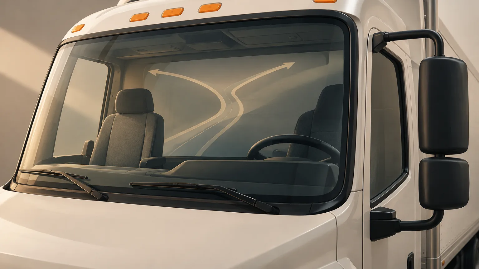 Conceptual view of an empty commercial driving-instruction cab.