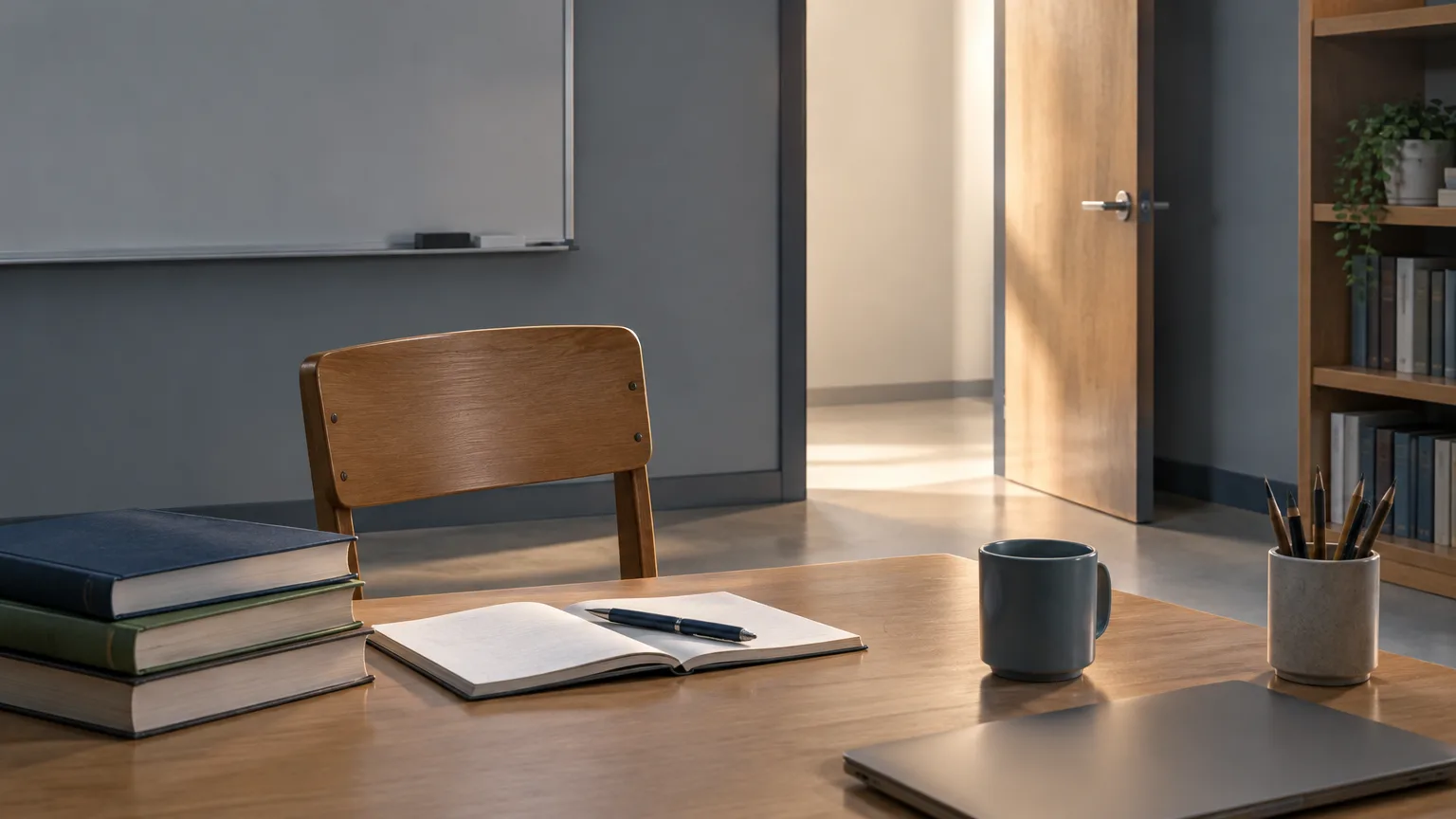 Conceptual illustration of an empty teaching workspace with daylight through an open doorway.