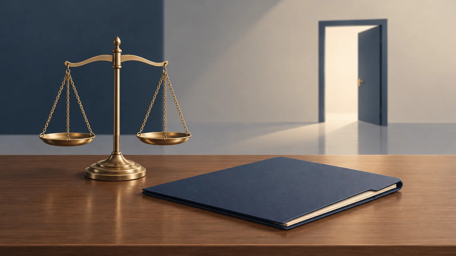 Conceptual illustration of balanced scales and a blank legal folder with an open doorway in the background.