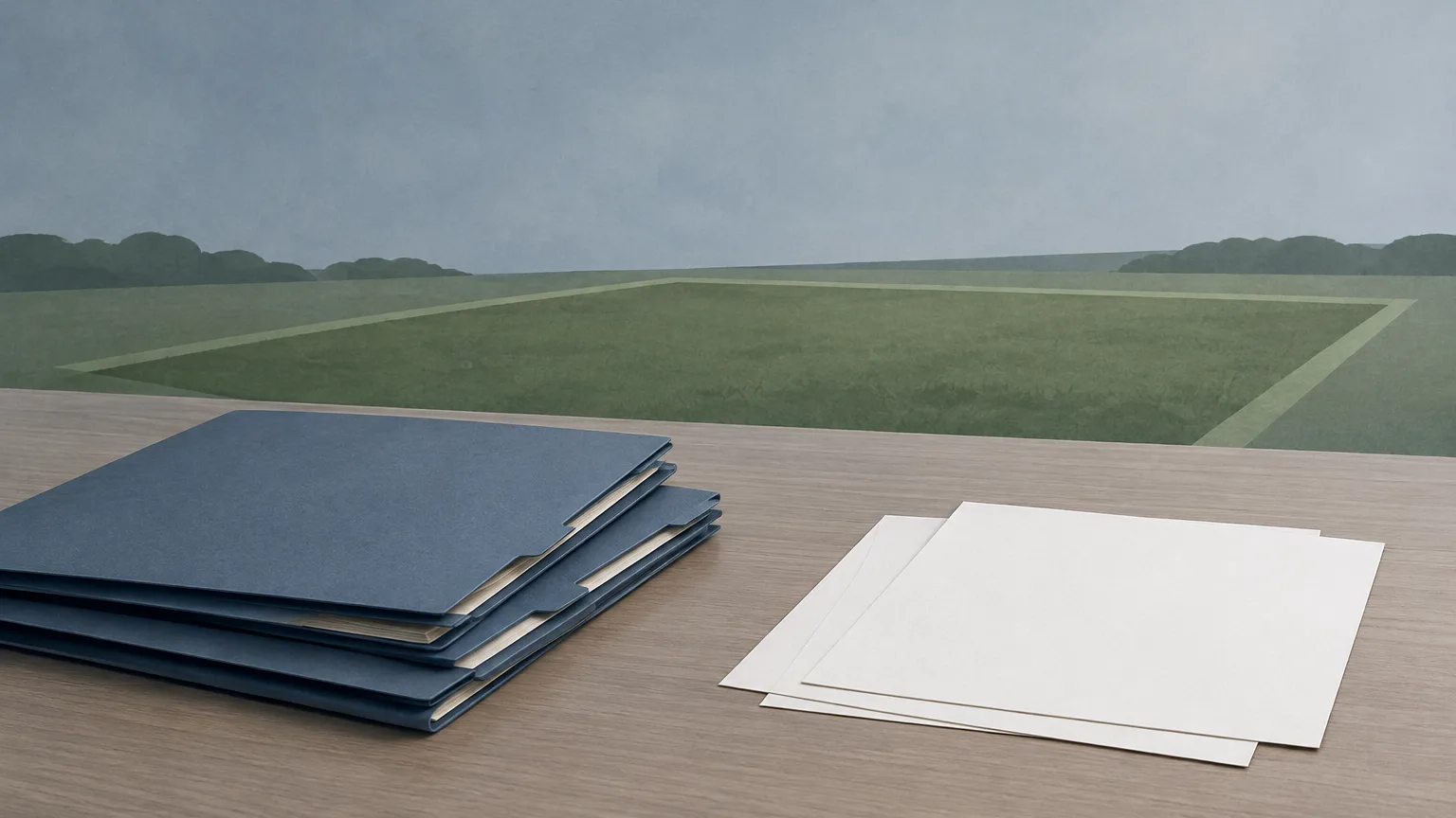 Conceptual illustration of blank paperwork and folders beside an abstract undeveloped parcel, not the actual property or evidence.