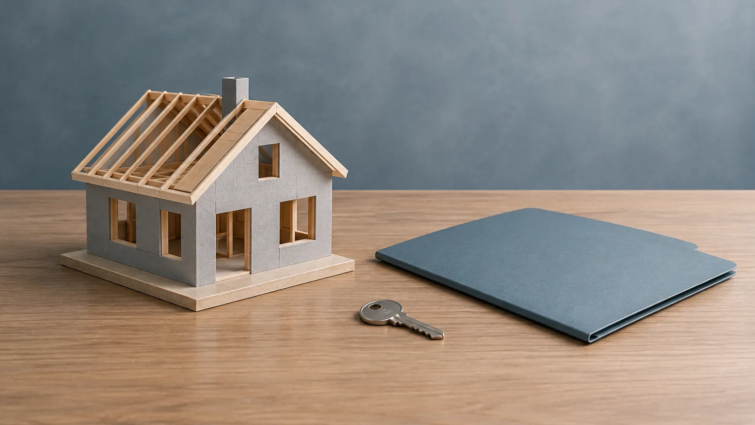 Conceptual illustration of a generic house model, a key and a plain document folder.