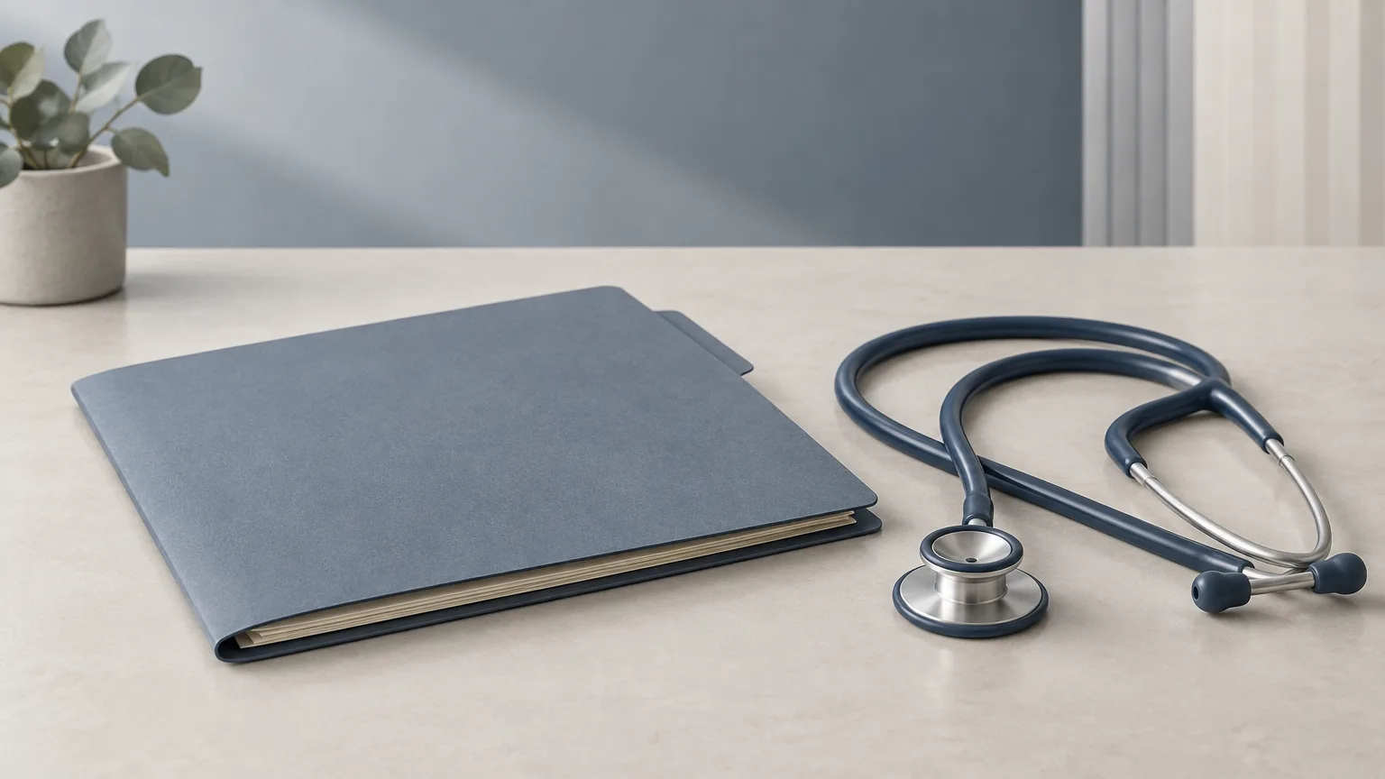 Conceptual illustration of a plain medical folder and stethoscope on a desk.