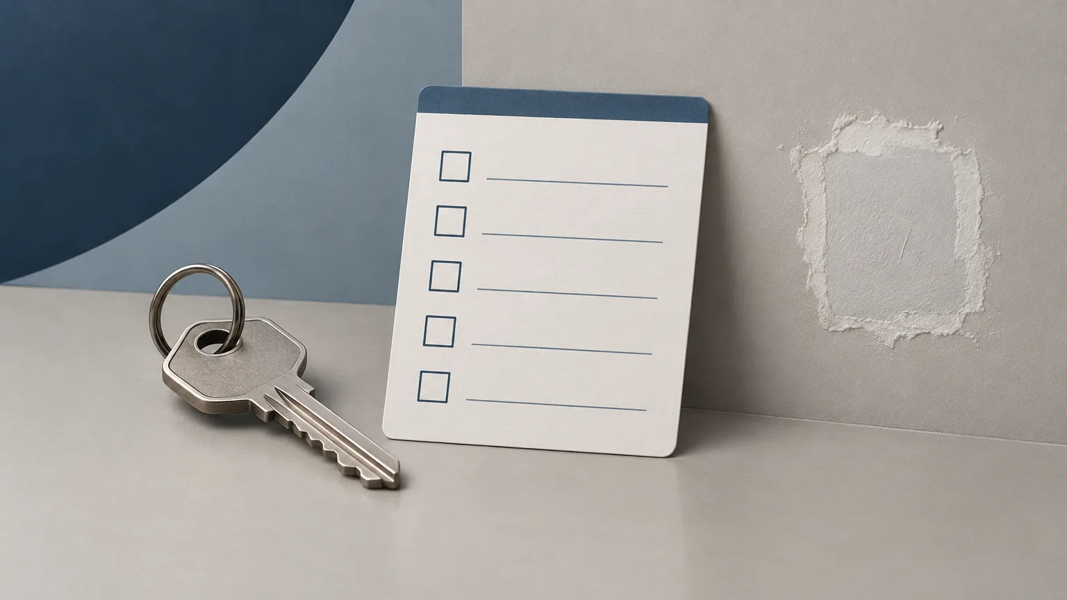 Conceptual illustration of a rental key, blank inspection checklist and abstract wall repair.