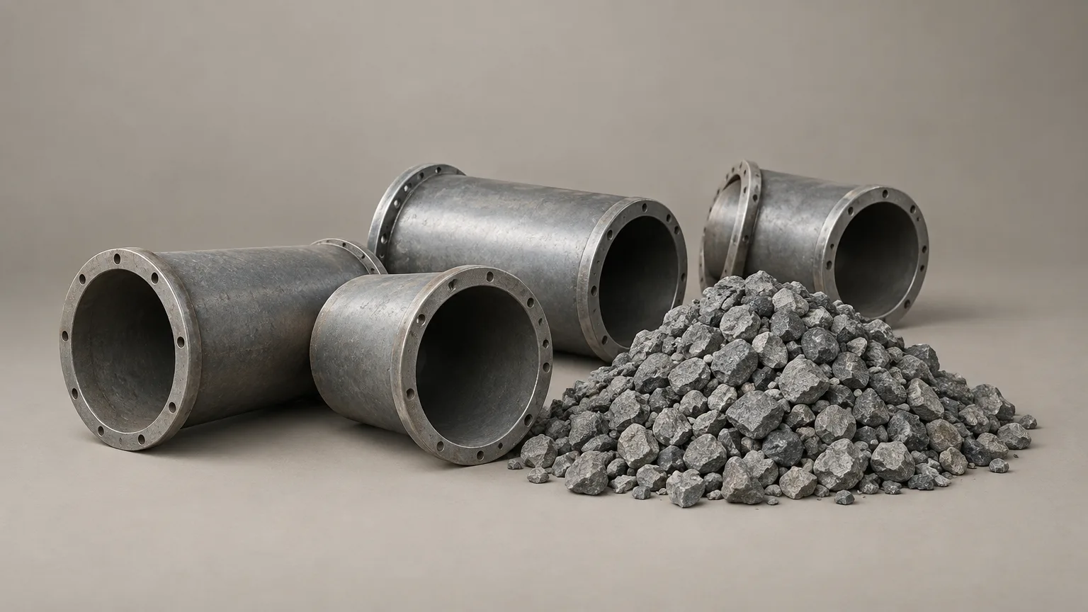 Conceptual illustration of unmarked pipeline sections beside loose grey stone on a plain neutral background.