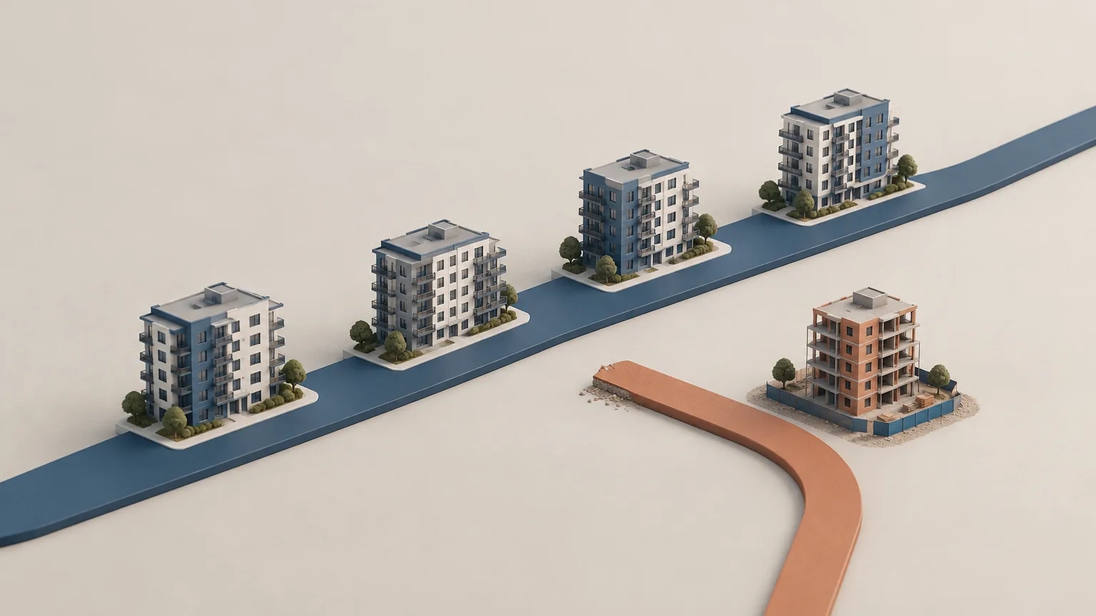 Conceptual illustration of generic apartment models and an unfinished branching path representing an uncertain refinancing proposal.