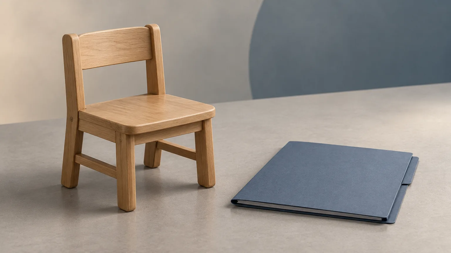 Conceptual illustration of an empty child-size chair and a plain closed folder.