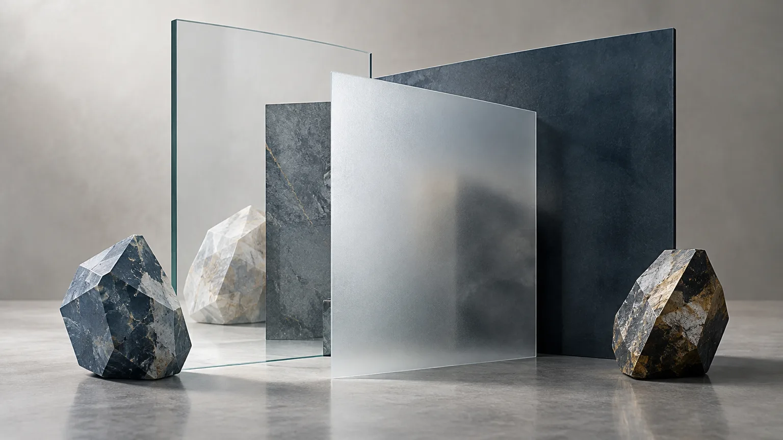 Conceptual transparent and frosted panels beside mineral-like forms illustrate partial access and protected confidentiality.