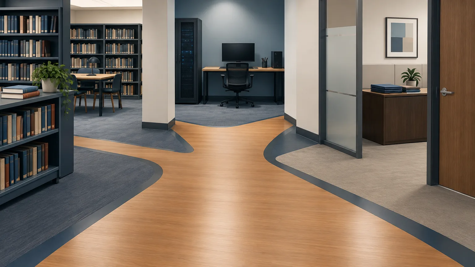 Conceptual college workspaces representing a dispute over bargaining-unit boundaries.