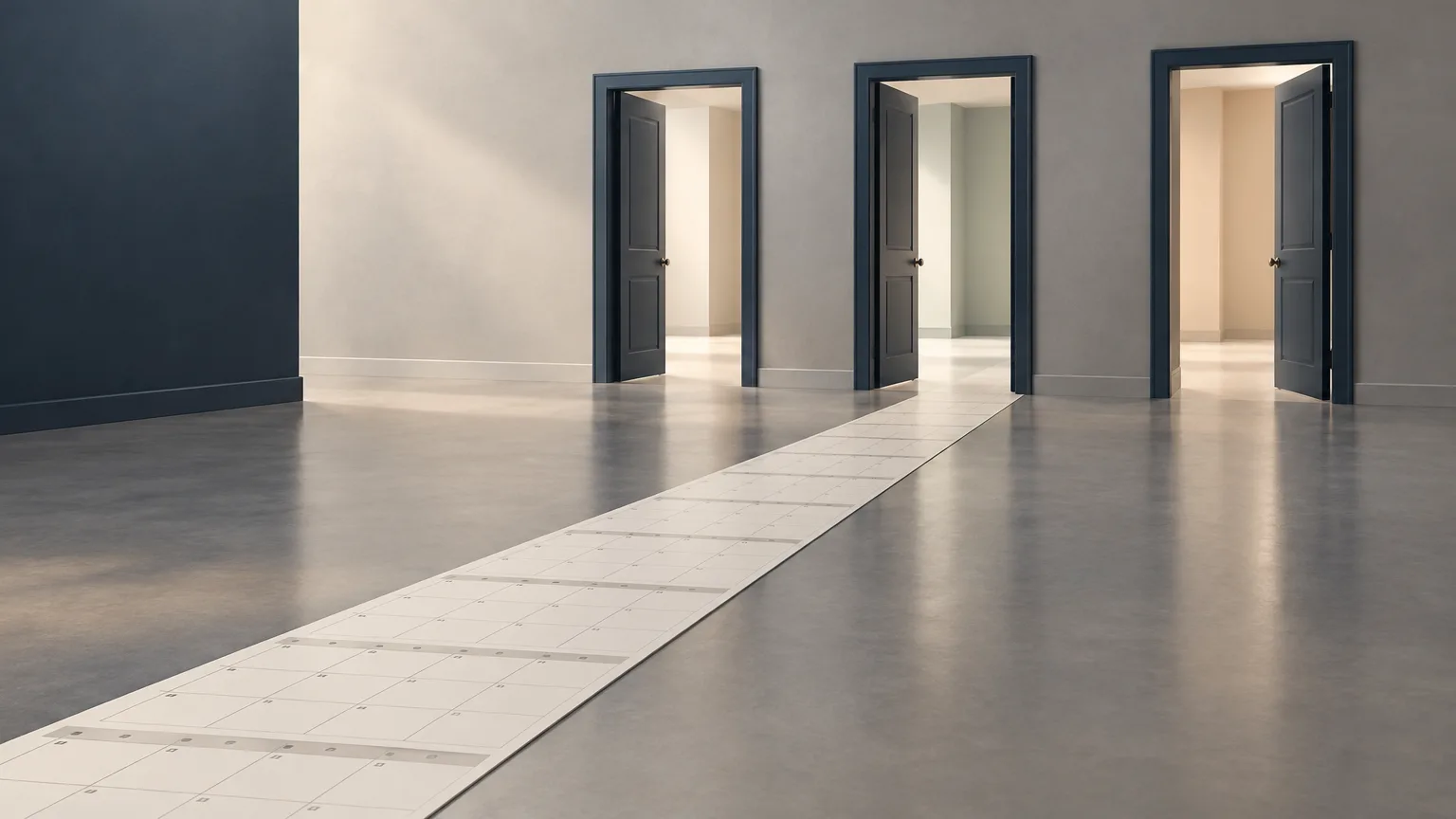 Conceptual illustration of three civic doorways and a long sequence of calendar squares representing delayed access to information.