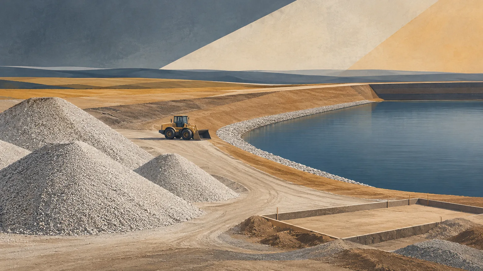 Conceptual illustration of gravel stockpiles and an earthen reservoir embankment, representing a construction-payment dispute.
