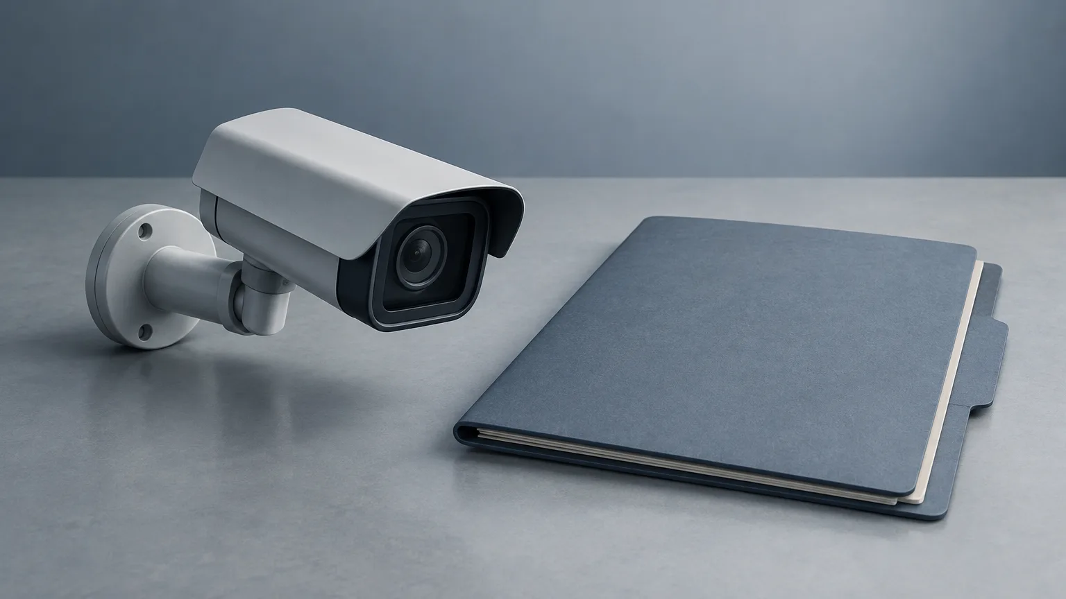 Conceptual illustration of a detached surveillance camera beside a blank privacy folder.