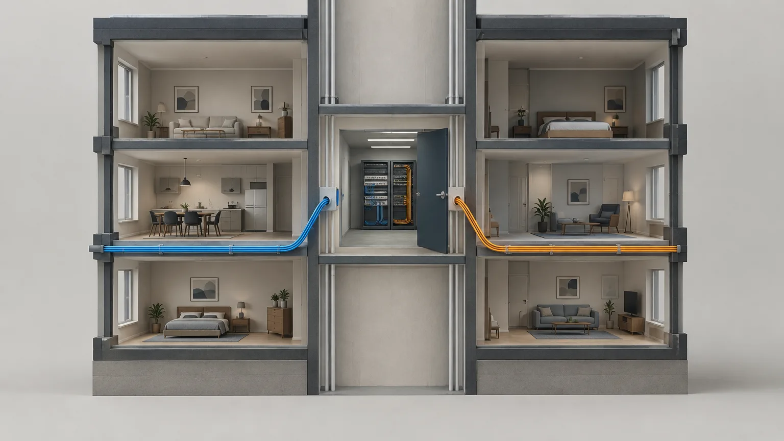 Conceptual illustration of competing fibre connections approaching a generic apartment building.