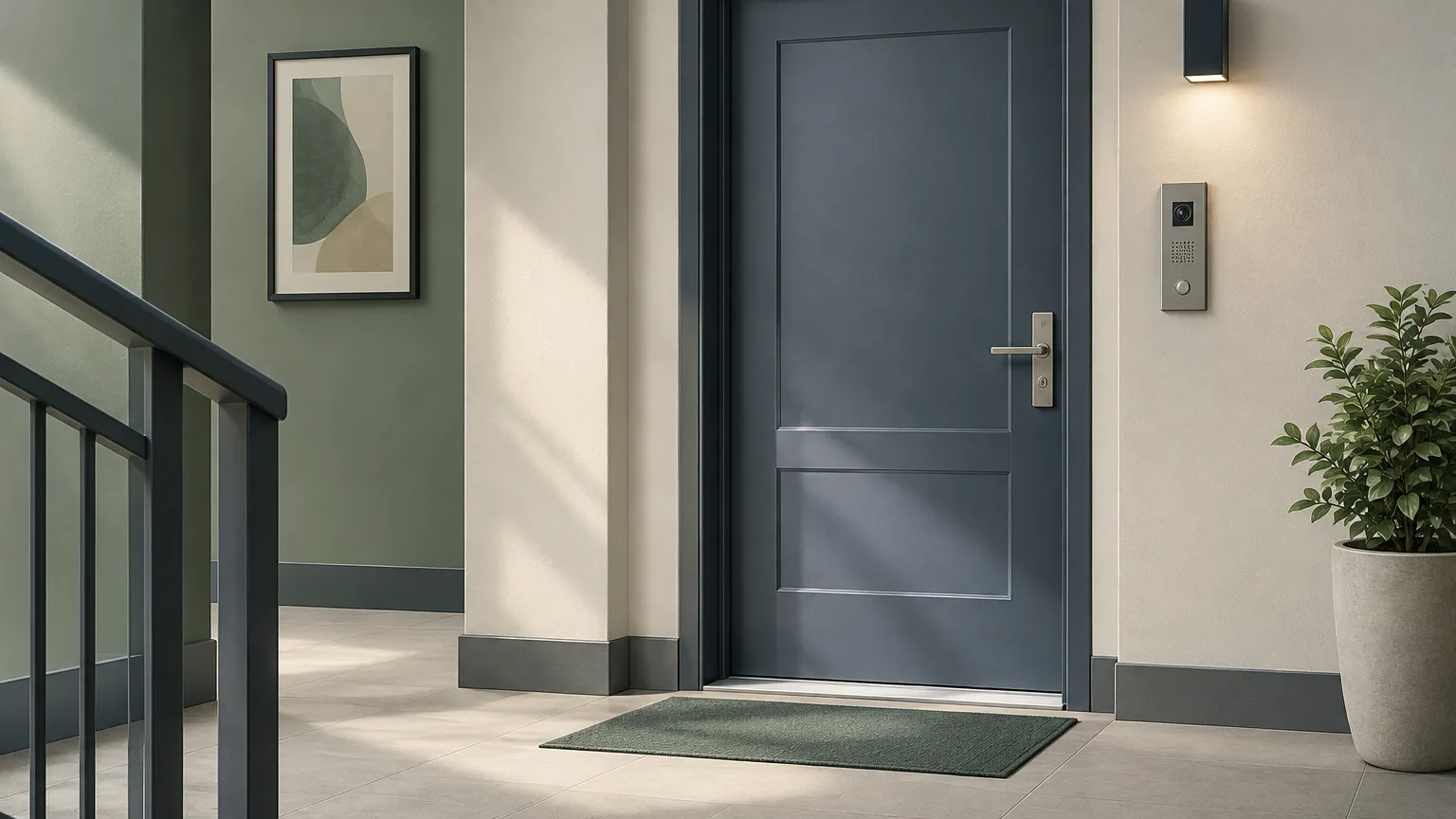 Conceptual apartment doorway and unmarked intercom illustrate residential security and maintenance.