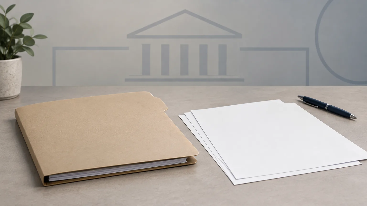 Blank meeting papers beside a plain records folder.