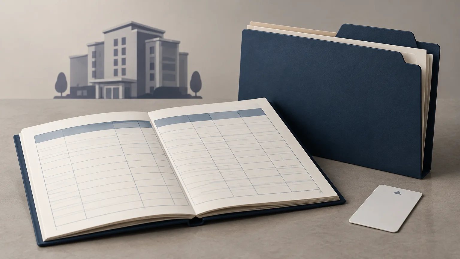 Conceptual illustration of blank employment records with a generic hotel silhouette.