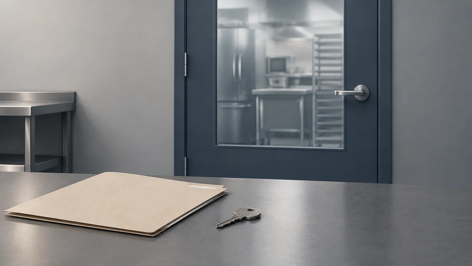 Conceptual illustration of restaurant equipment, an unmarked file and a key.