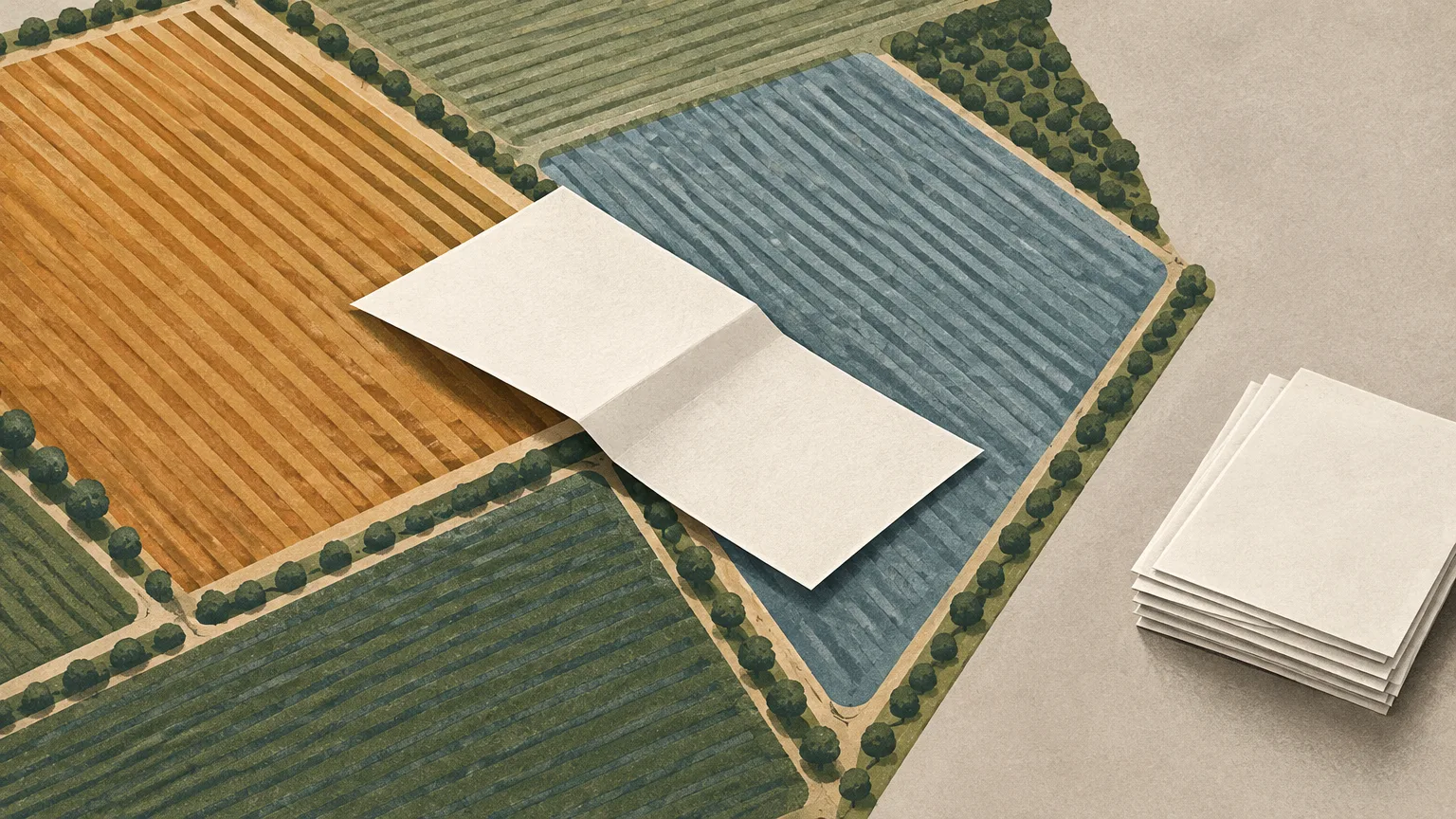Conceptual illustration of farmland, a folded deed and a separate stack of litigation papers.