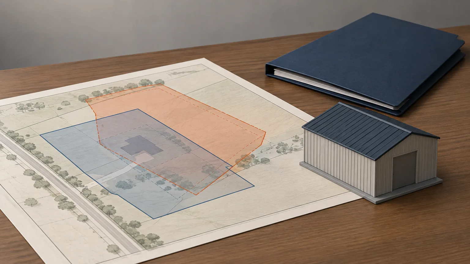 Illustration of a rural parcel plan and an anonymous outbuilding.