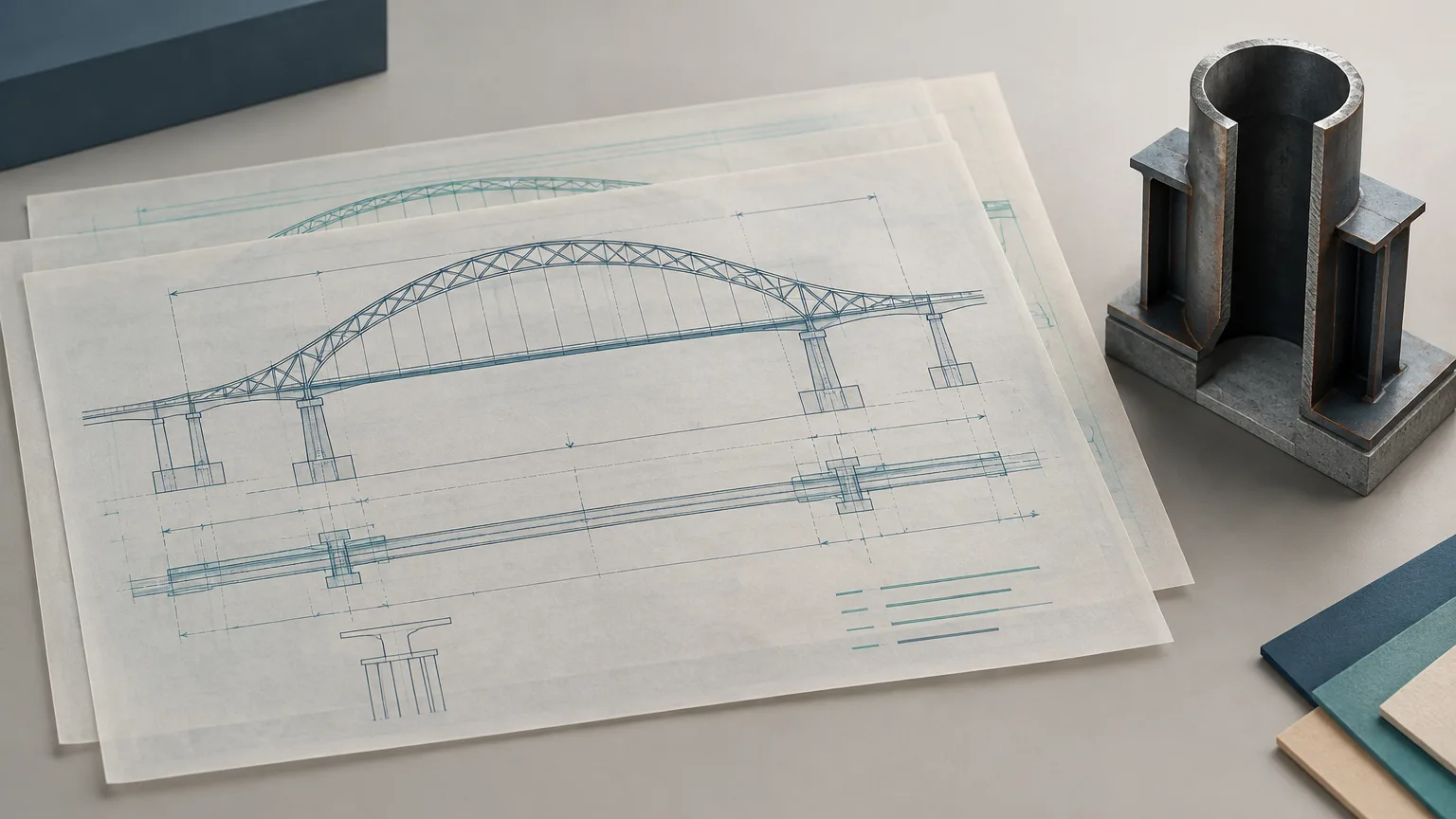Conceptual bridge-design drawings and a pile model illustrating an engineering contract dispute.