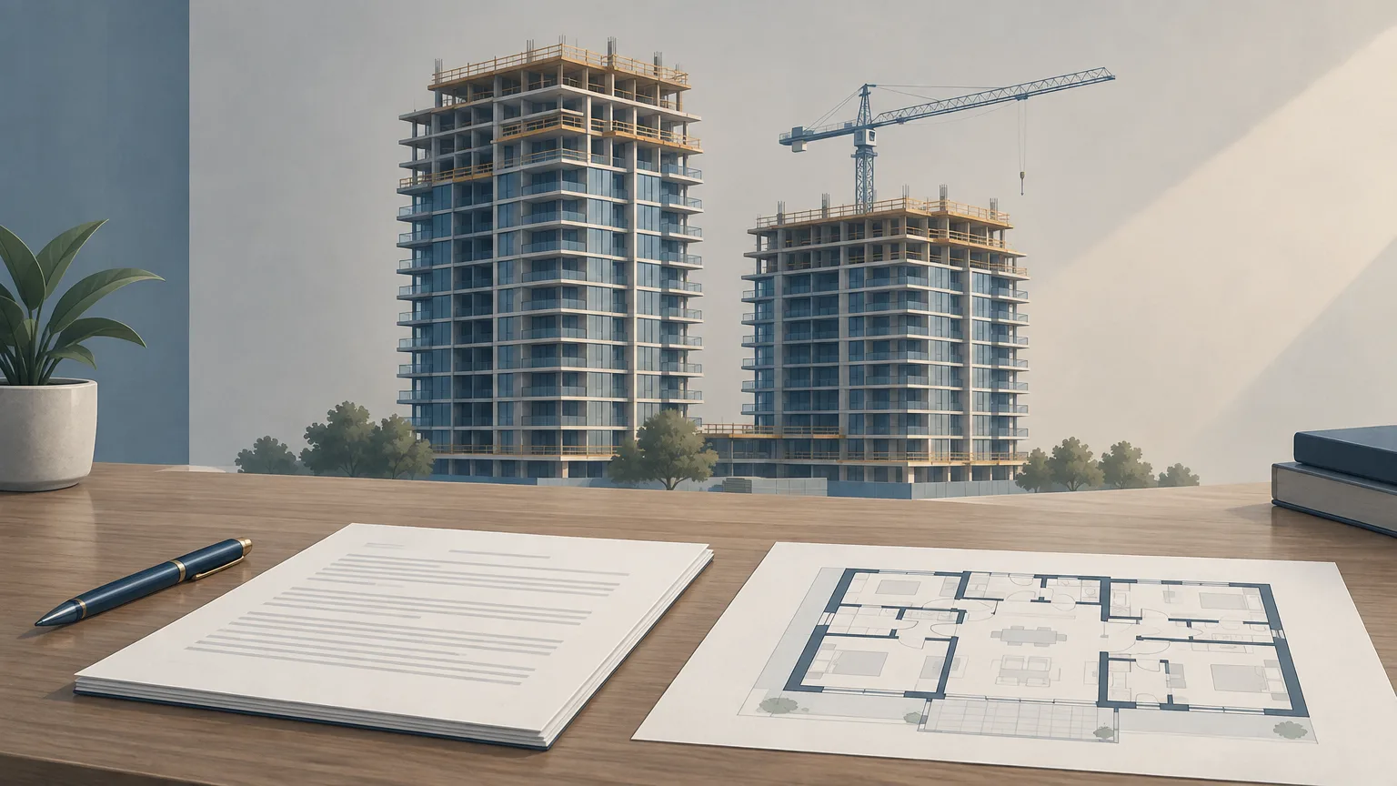 Conceptual illustration of two condominium towers under construction behind a purchase agreement and floor plan.