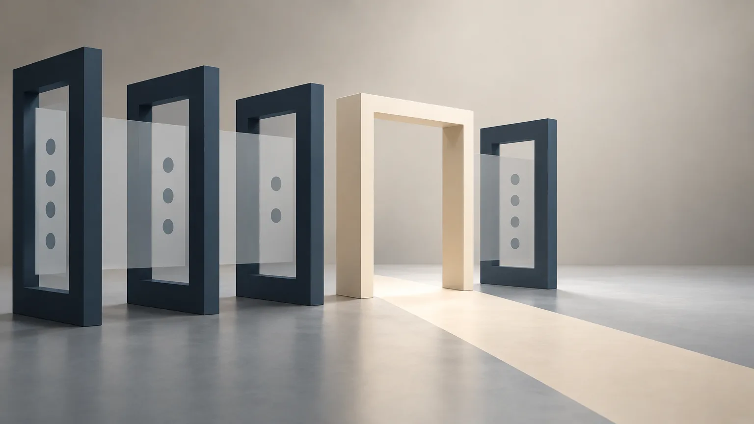 Conceptual illustration of an open passage through abstract rectangular frames.