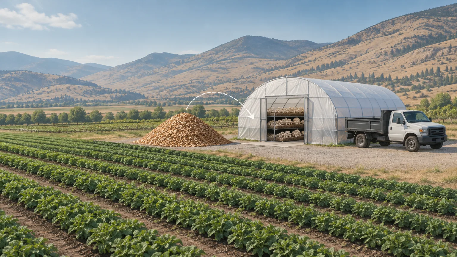 Conceptual illustration of a small greenhouse, wood chips and an unbranded tree-service truck beside farmland; not the actual Summerland property.