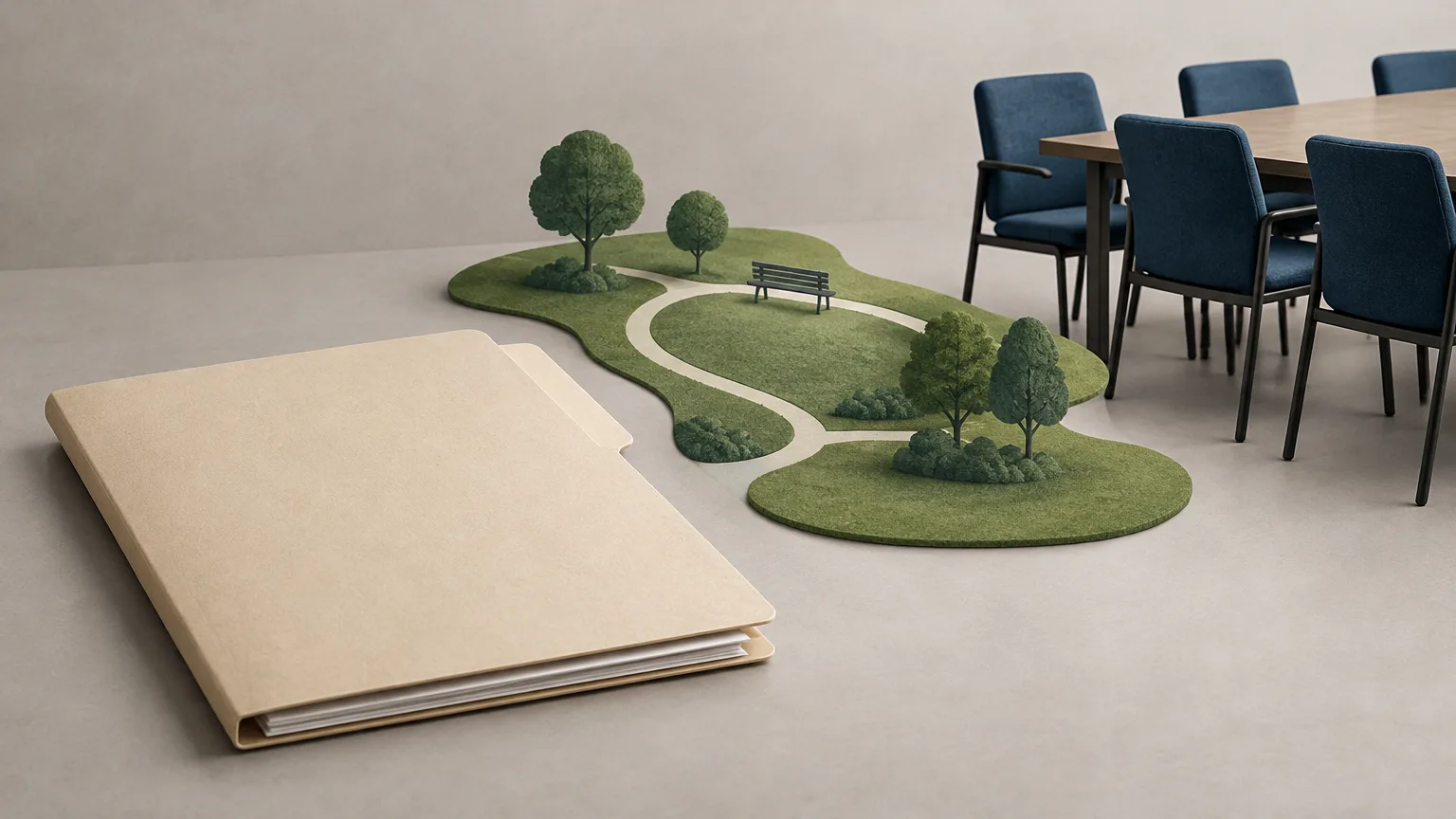 Blank labour-relations folder beside an abstract green park form and empty meeting chairs.