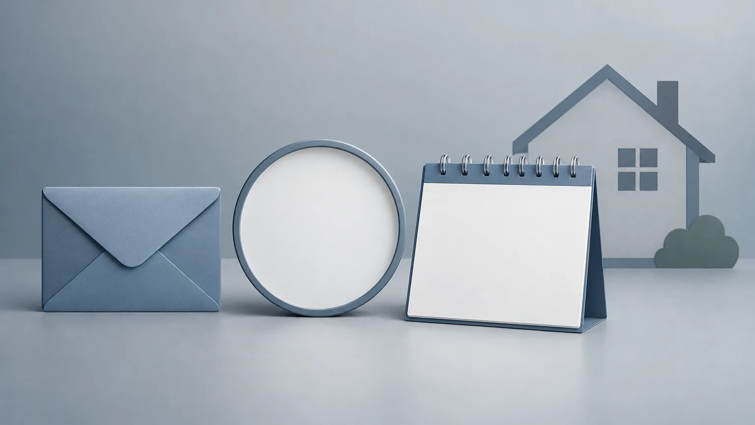 Conceptual illustration of an email envelope beside a clock, calendar and rental-home outline.