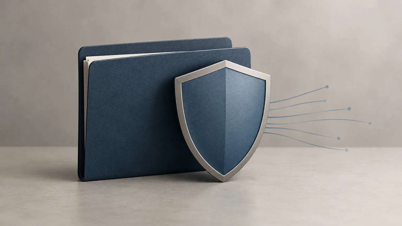A closed blank records folder beside an abstract privacy shield.