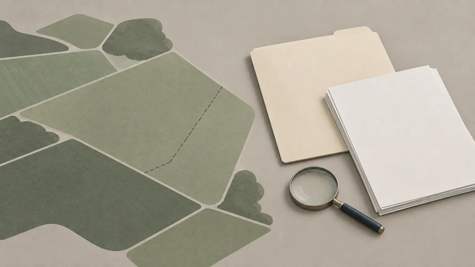 Conceptual illustration of rural field boundaries beside a legal folder and cost papers.