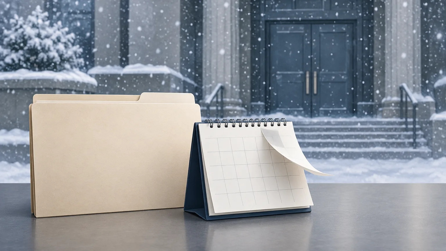 Conceptual illustration of a snowy courthouse, filing folder and calendar representing a court-closure filing deadline.