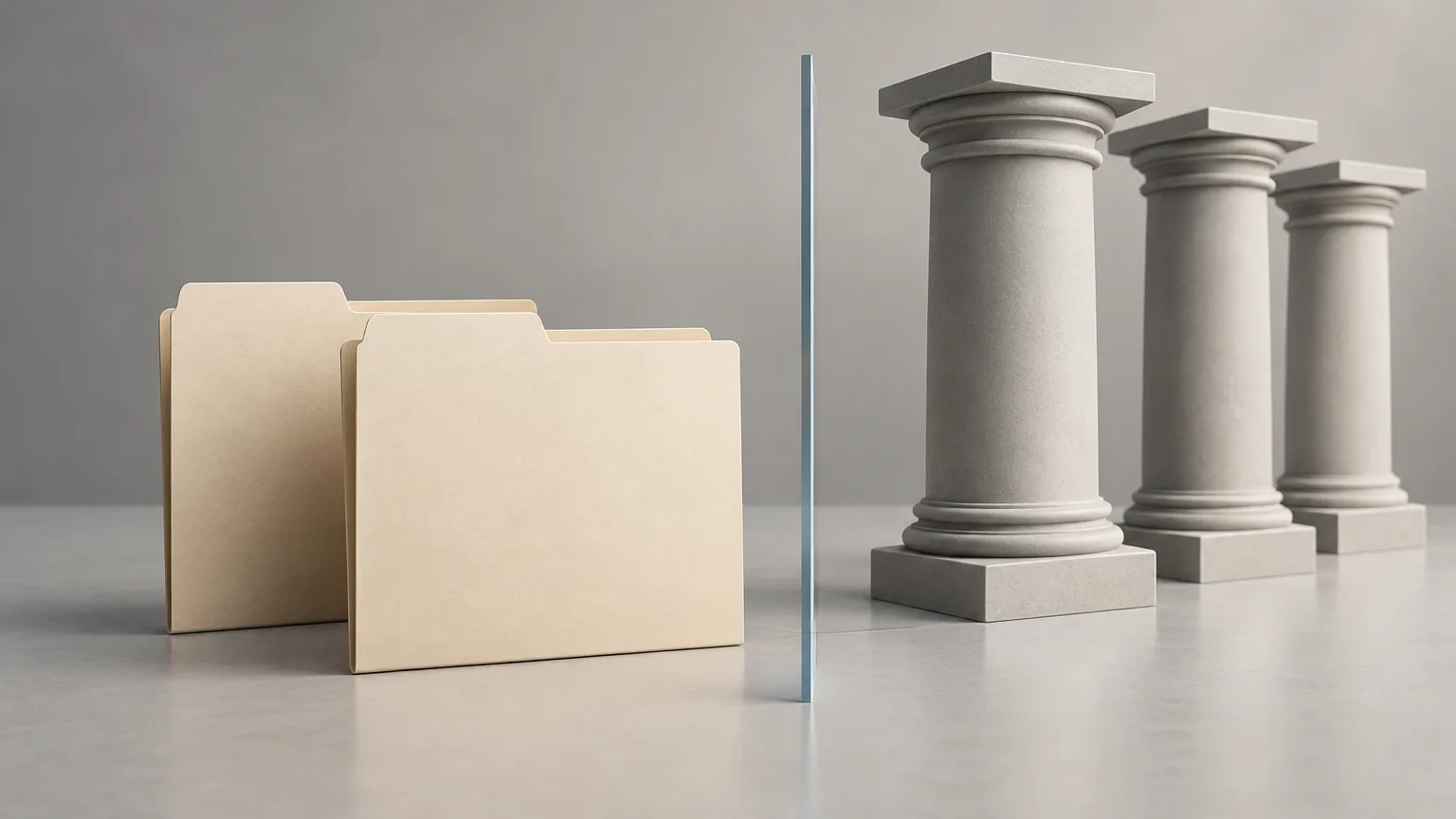Two blank file folders beside abstract institutional columns.