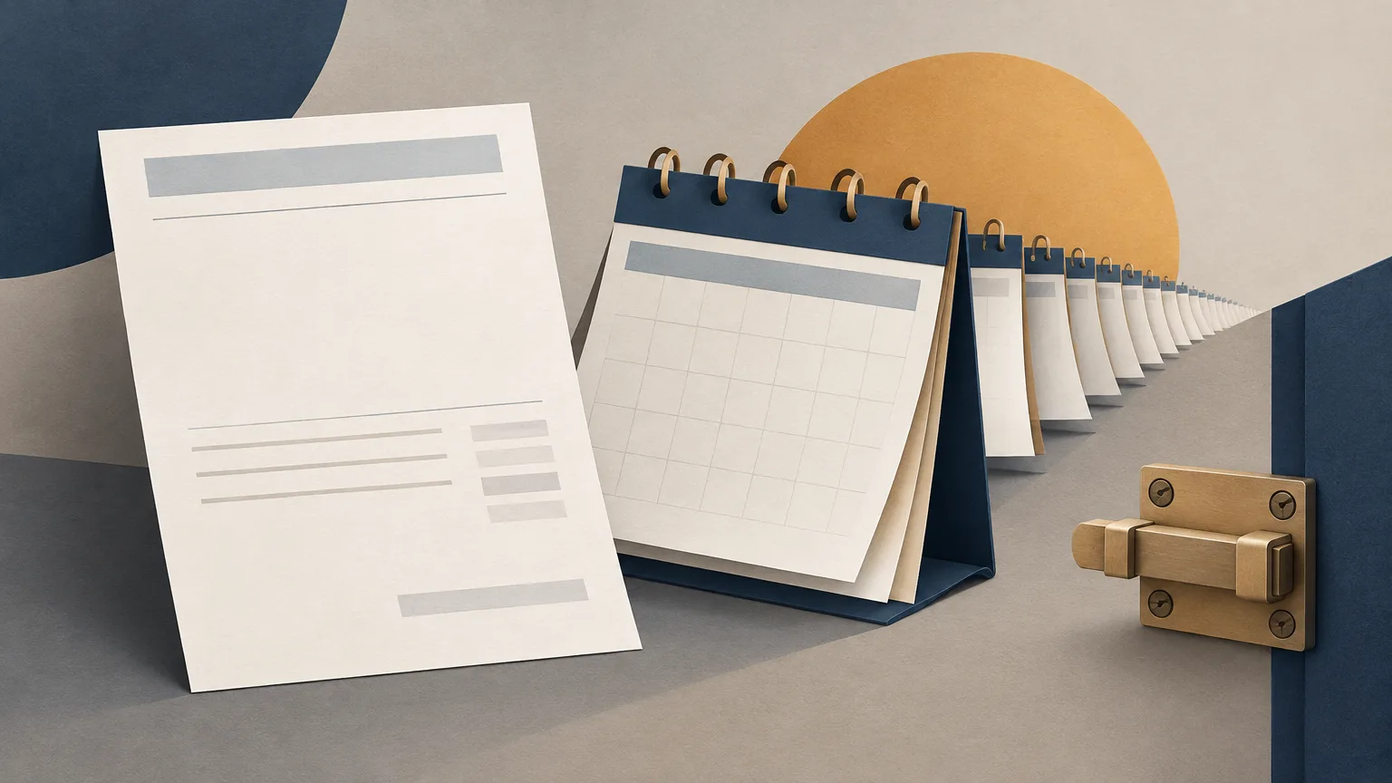 Conceptual illustration of an invoice, calendar pages and a storefront latch.