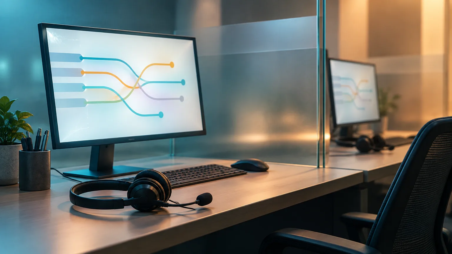 Conceptual illustration of a headset at an empty medical call-centre workstation.