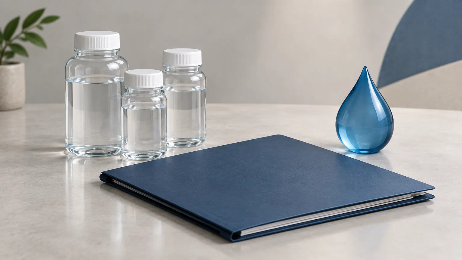 Conceptual illustration of water-sampling bottles and an unmarked monitoring report.
