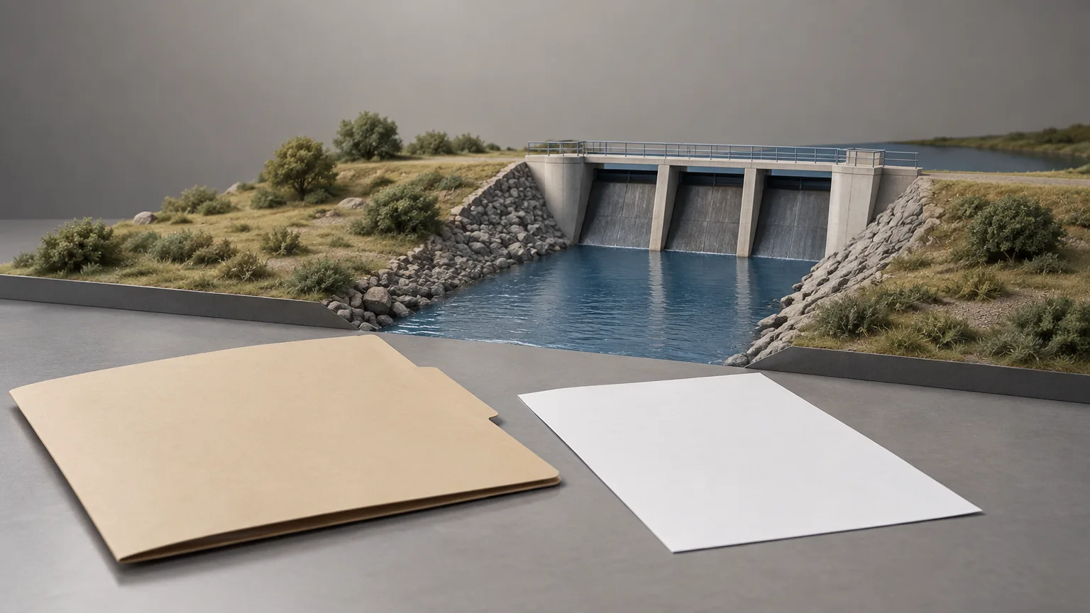 Conceptual illustration of a generic small dam and regulatory paperwork; not the actual Cherry Creek dam or case records.