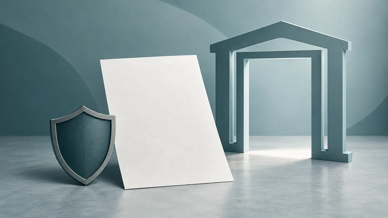 Conceptual illustration of a public decision document beside a civic building and privacy shield.