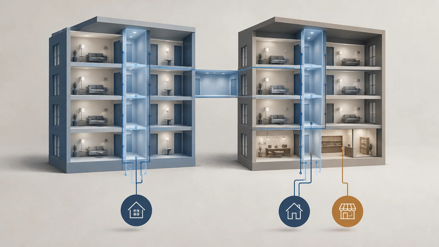 Conceptual illustration of shared areas in generic residential and mixed-use buildings.