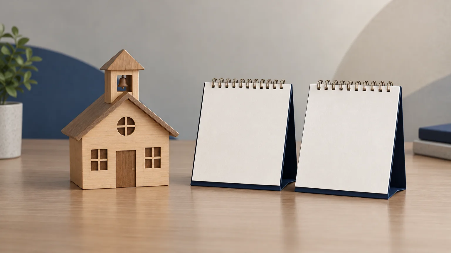 Conceptual school model and blank calendar cards representing the timing of essential-services discussions.