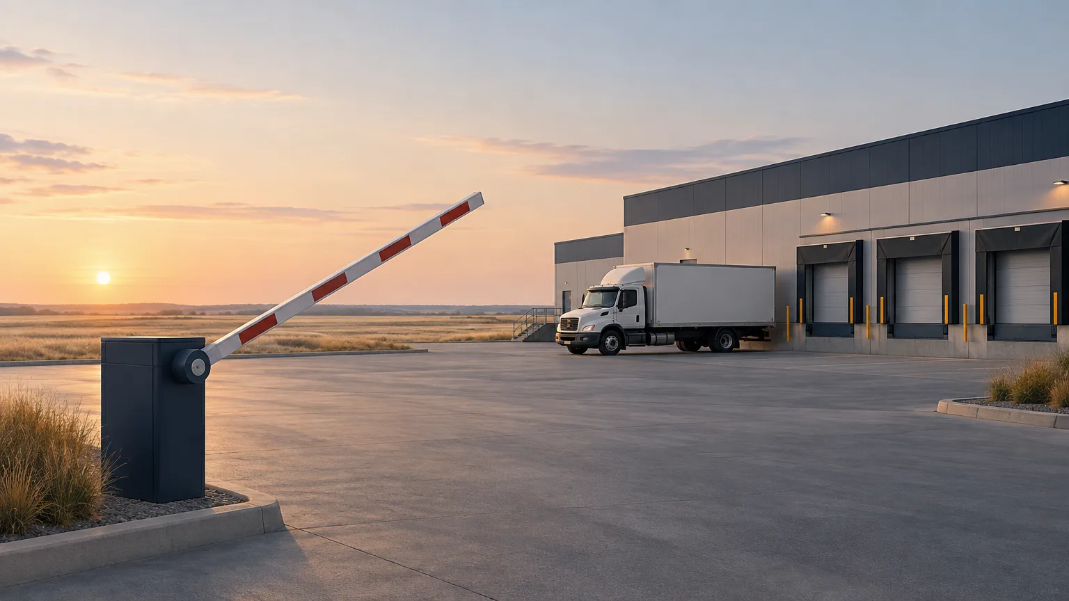 Conceptual illustration of an unbranded freight truck and open lane barrier outside a prairie distribution warehouse.