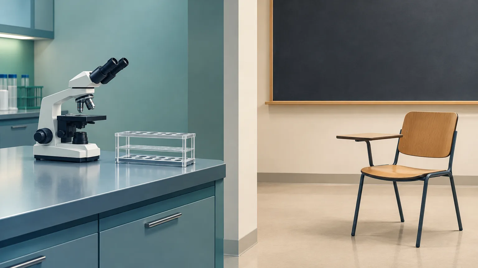 Conceptual illustration of a laboratory bench and an empty academic chair representing clinical work within a university appointment.