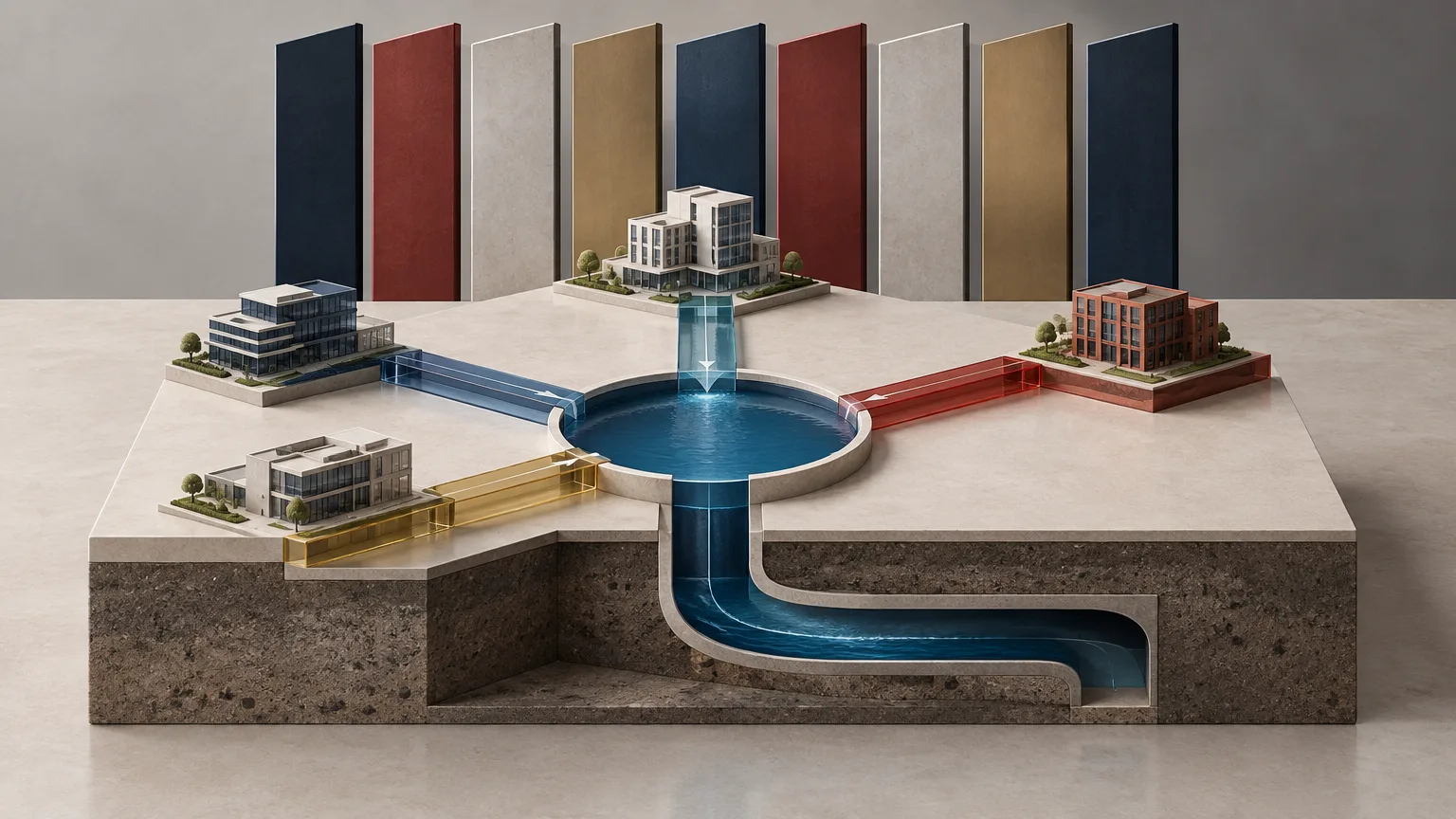 Conceptual architectural model with exposed investment channels illustrating undisclosed risks in a development project.
