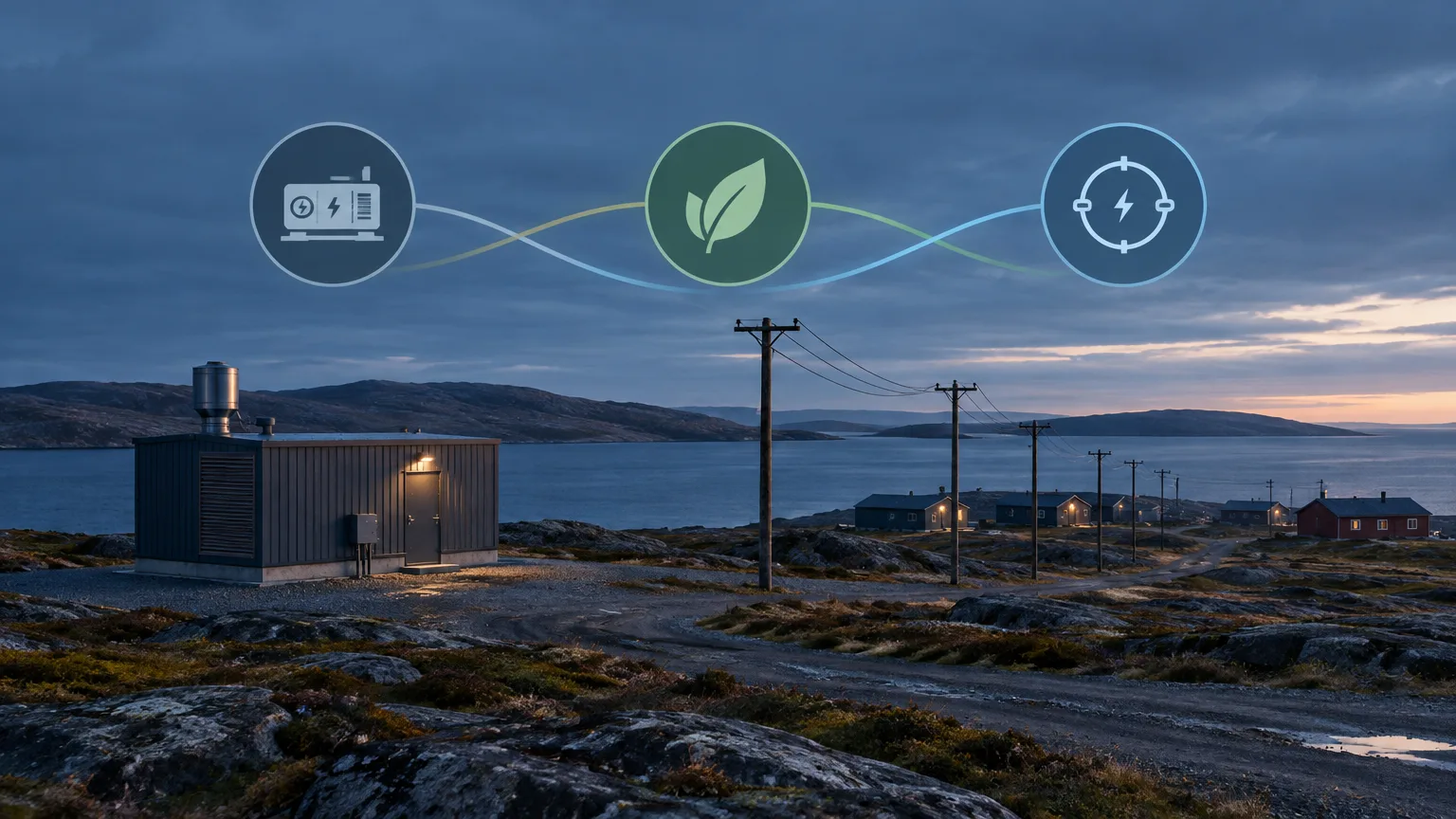 Conceptual illustration of power lines serving a small coastal community in Labrador; not the proposed project or an actual site.