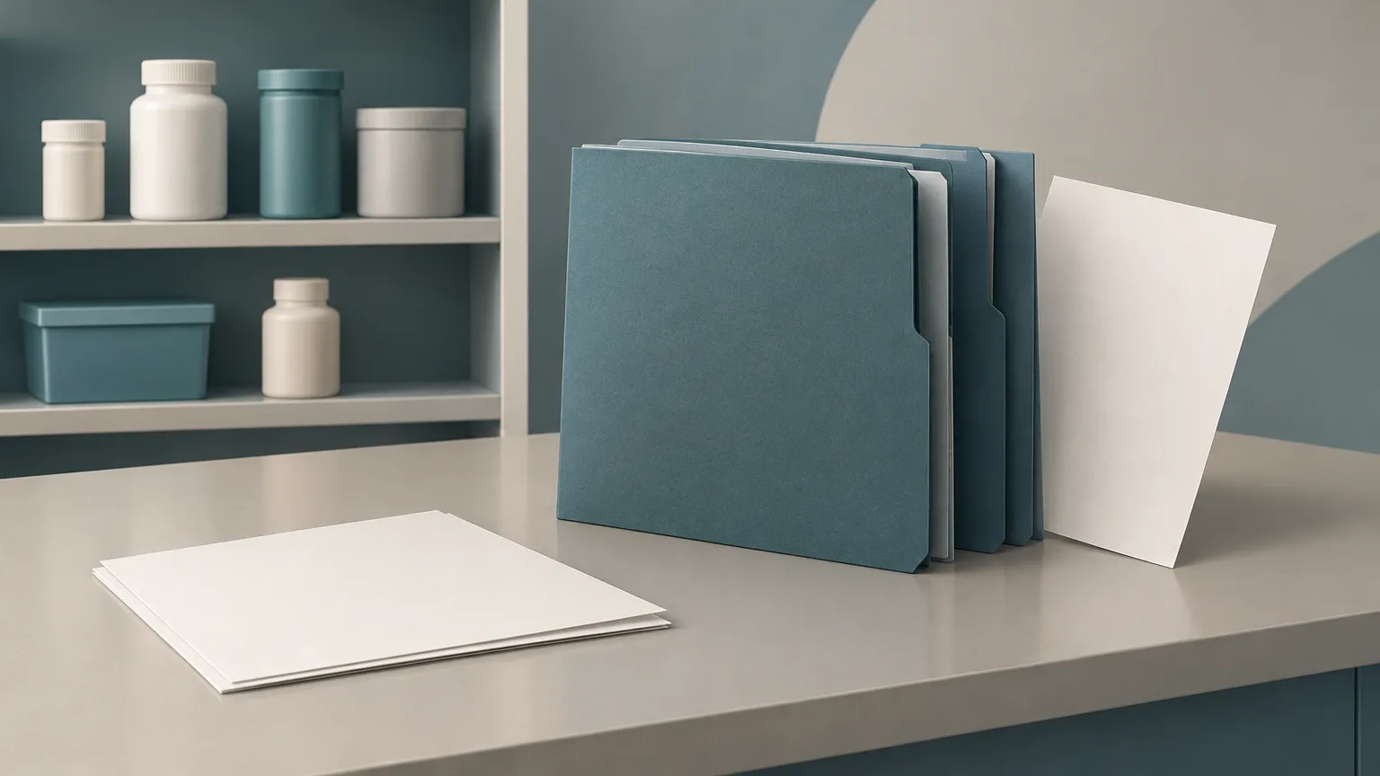Conceptual illustration of blank regulatory paperwork and unlabelled pharmacy containers, not the actual pharmacy or evidence.